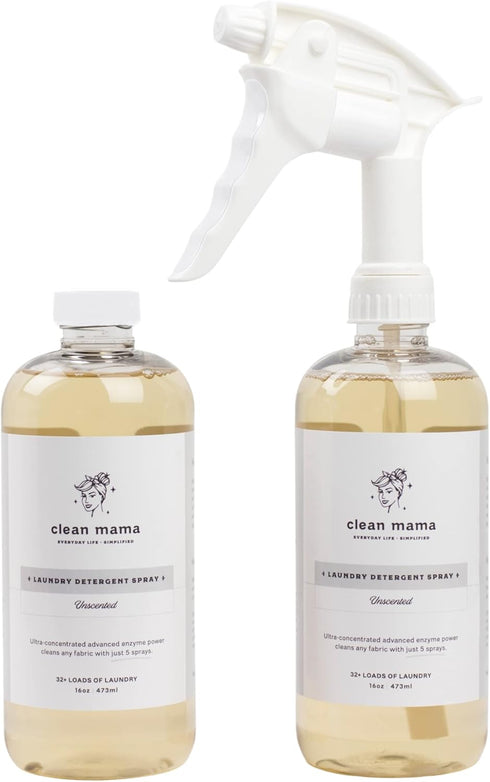 Clean Mama Natural Laundry Detergent Spray & Pre-Treater, Eco-Friendly, Unscented, 64+ Loads, 16 oz Each