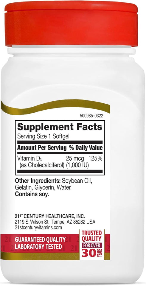 21st Century D3 1000 IU Softgels, 250 Count, 27415