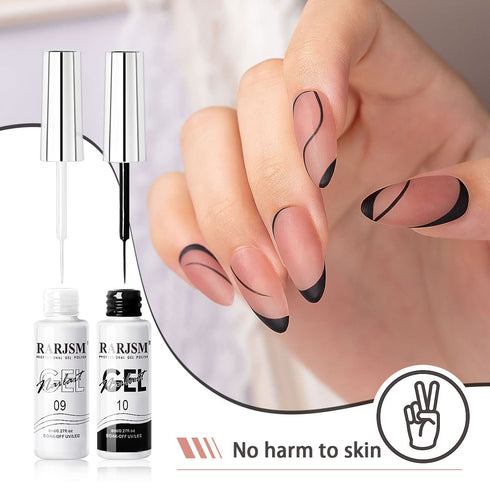 RARJSM Nail Art Gel, Liner Gel Polish Set 2Pcs, Black White Nail Design Polish for Home Salon DIY Manicure