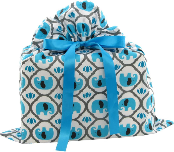 VZWraps Elephants Reusable Fabric Gift Bag - Medium 17" Wide by 18.5" High, Turquoise Blue