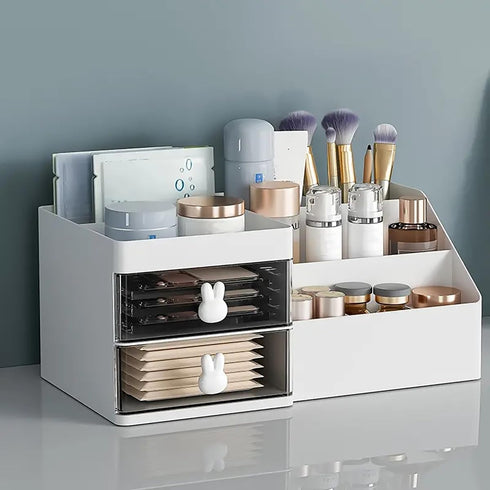 Makeup Organizer with 2 Drawers, White Countertop Storage for Vanity, Bathroom, and Bedroom Cosmetics