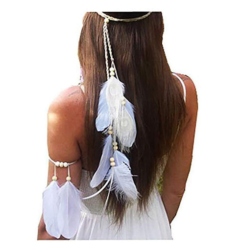 Set of 2 Women Bohemian White Peacock Feather Headband and Armband Handmade Tribal Indian Fascinator Wedding Accessories