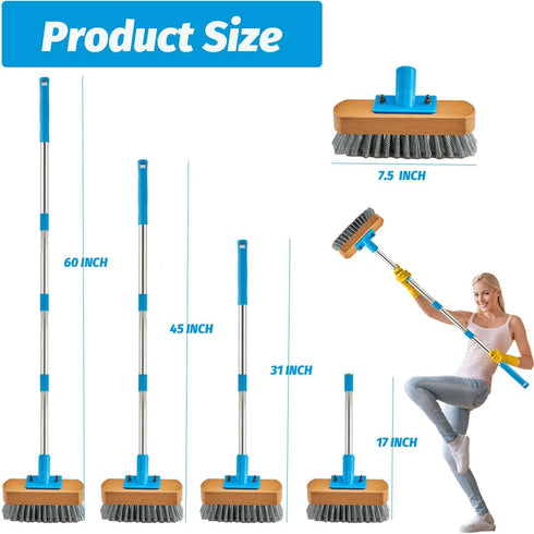 Stainless Steel Deck Scrub Brush, 60" Heavy Duty Floor Scrubber with Pole for Concrete, Patio, Garden Cleaning