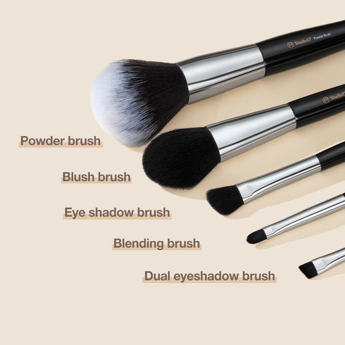 Travel Makeup Brush Set, 5 Pcs Essential Face & Eye Brushes, Portable Makeup Pouch & Brush Cover Included