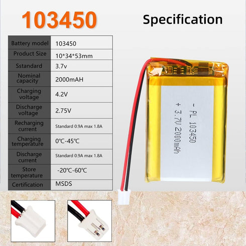 3.7V 103450 2000mAh Lipo Battery Rechargeable Lithium Polymer ion Battery with JST Connector, Can Replace 103454 963450 Lipo Battery