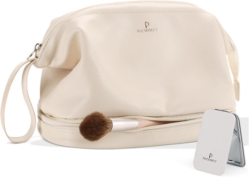 Pocmimut Leather Makeup Bag, Large Wide-open Travel Cosmetic Bag, Double Layer Toiletry Organizer Case for Brushes