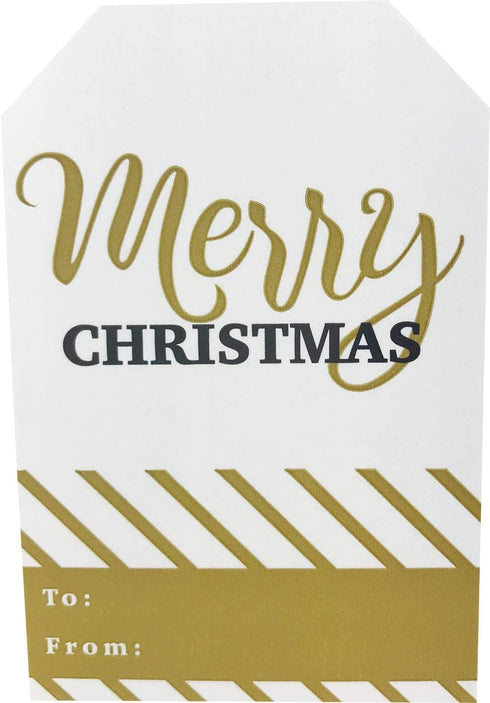 Merry & Bright Gold Gift Tag Stickers, 2 x 3 Inch Holiday Labels, Roll of 100 with 4 Festive Designs