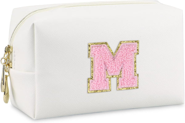 Initial Makeup Bag | Personalized Waterproof PU Leather Chenille Letter Cosmetic Bag | Monogram Travel Toiletry Bag