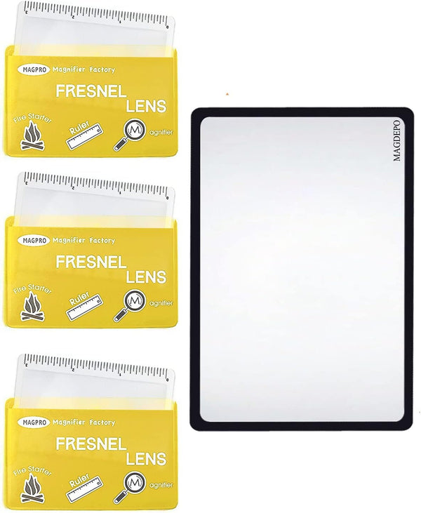 3X Card Lens Magnifier 3.5" x 2" with Protective Sleeves and Ruler Scale, Flexible Fresnel Lens, 3 Pack