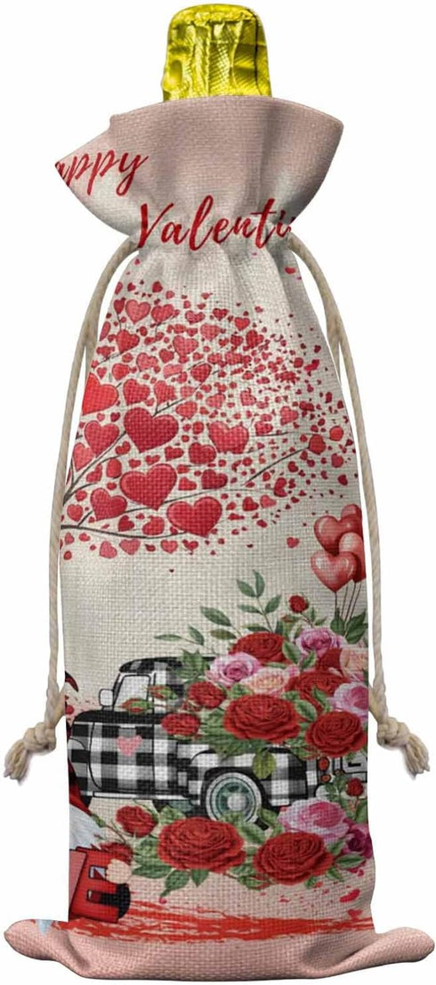 MISHKIN 10pcs Linen Burlap Wine Bags with Drawstring Red Roses Valentine's Day Wine Gift Bag with Tags Reusable Wines