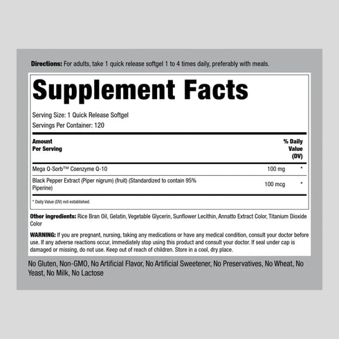 Piping Rock CoQ10 100mg Softgels | 120 Count | with Black Pepper Extract | Enhanced Absorption | Non-GMO, Gluten Free Supplement