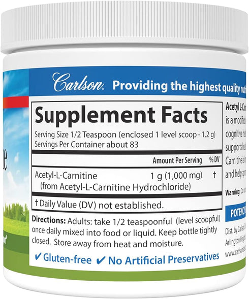 Carlson Acetyl L-Carnitine Powder, Free-Form Amino Acid for Cognitive Health, Brain Function & Muscle Support, 3.53 oz