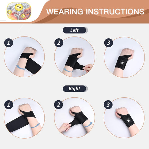 INDEEMAX 2 Pack Copper Wrist Brace Support for Carpal Tunnel, Pain Relief, Adjustable Compression Wraps, Black