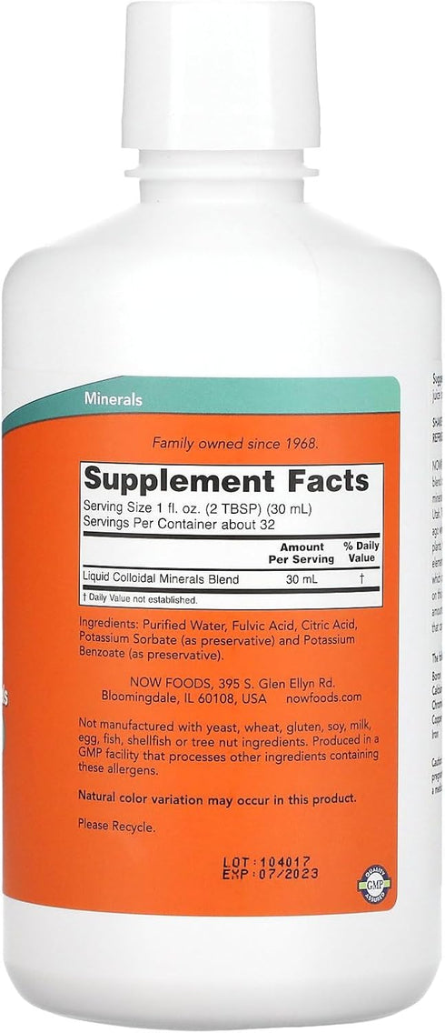 NOW Supplements, Colloidal Minerals Liquid, Plant Derived, Essential Trace Minerals, 32-Ounce