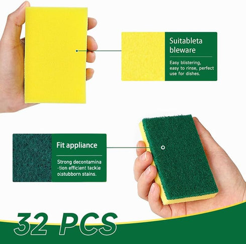 Scrub Sponges Kitchen 32 Count, Non-Scratch Scrub Dish Sponges, Heavy Duty Scrub Sponges for Cleaning, Effortlessly Clean your Stovetop, Sinks, Stoves, Appliances by Whfoeps