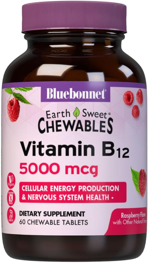 Bluebonnet Nutrition Earth Sweet Vitamin B12 5000 mcg Chewable Tablets, 60 Servings, Vegan, Kosher, Soy-Free,