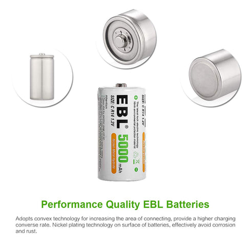 EBL Rechargeable C Batteries, 5000mAh Ni-MH High Capacity C Cell Battery, Pack of 4