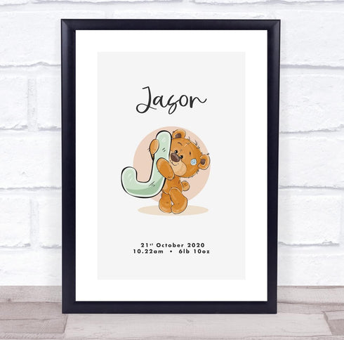 The Card Zoo New Baby Birth Details Christening Nursery Bear Initial J Keepsake Gift Print