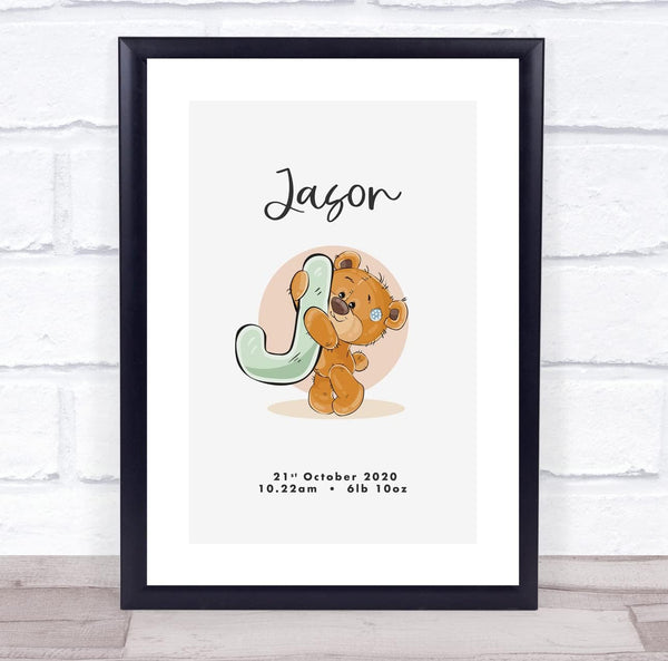 The Card Zoo New Baby Birth Details Christening Nursery Bear Initial J Keepsake Gift Print