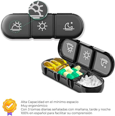 Nexum Market 3 100% 7 21 (3 Weekly Pill Box Takes in Spanish COLOR: BLACK | Individual Pill Boxes for Each Day