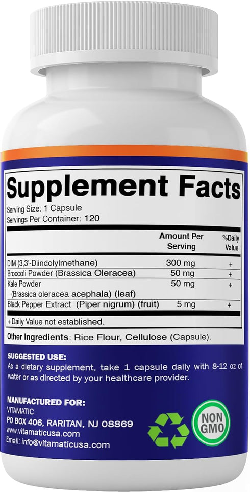 Vitamatic DIM Supplement Complex for Women & Men, 300mg, 120 Veg Capsules, Non-GMO & Gluten Free