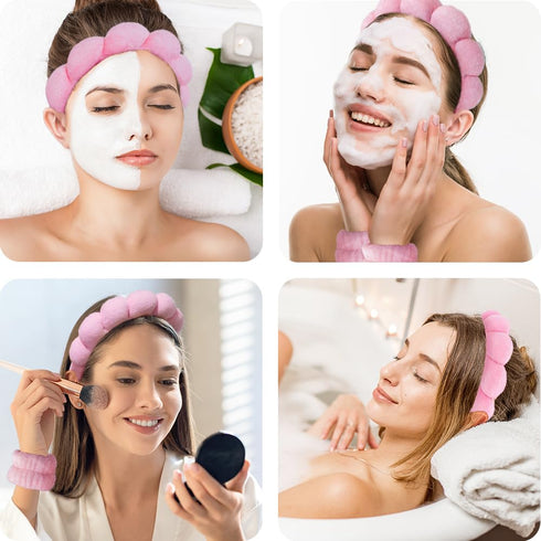 Spa Headbands for Washing Face, Makeup Skincare Wristband Set, Soft Terry Towel Cloth Hairband for Women (Pink).