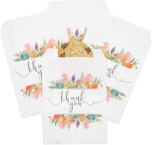 100 Pack Paper Cookie Bags - 7.5 x 5 Inch for Party Favors, Treats, and Candy with Floral Thank You Design