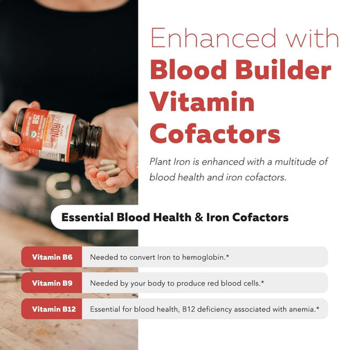 Organic Iron Whole Food Iron Supplement & Cofactors, 25 mg Elemental Iron, 90 Capsules, Blood Health Support