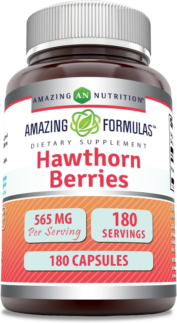 Amazing Formulas Hawthorn Berries Supplement, 565 Mg, 180 Capsules, Non-GMO, Gluten-Free, Made in USA