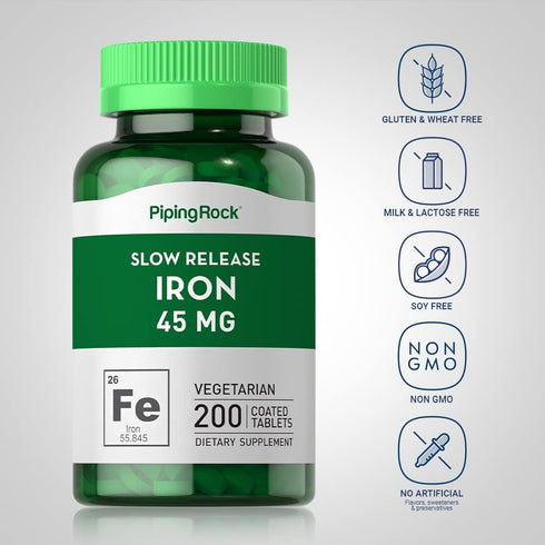 Slow Release Iron Supplement 45mg | 200 Tablets | Ferrous Sulfate | Vegetarian, Non-GMO, Gluten-Free