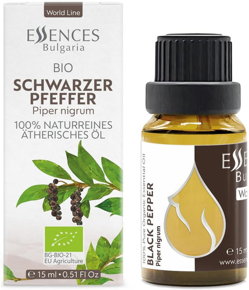 Essences Bulgaria Organic Black Pepper Essential Oil 0.51 Fl Oz | 15ml Piper nigrum - 100% Pure Natural Undiluted Therapeutic Grade for Aromatherapy Humidifier and Relaxing Massage to Ease Joint Ache