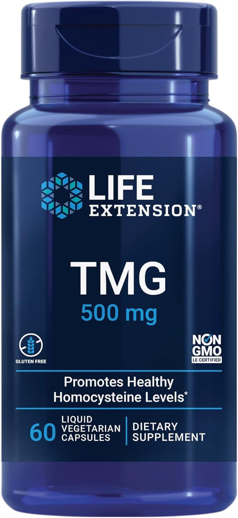 Life Extension TMG 500 mg – 60 Liquid Vegetarian Capsules, Trimethylglycine Supplement, Gluten-free, Non-GMO, Vegetarian