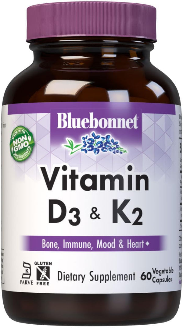 Bluebonnet Nutrition Vitamin D3 & K2 - Soy-Free, Gluten-Free, Non-GMO, 60 Vegetable Capsules