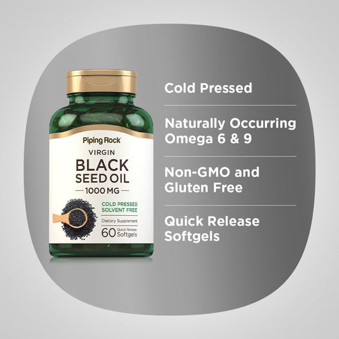 Piping Rock Black Seed Oil Pills | 1000mg | 60 Softgels | Cold Pressed, Non-GMO, Gluten Free Supplement