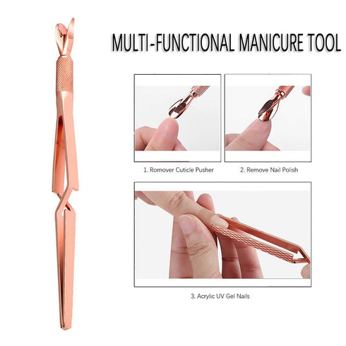 SILPECWEE 1Pc Rose Gold Nail Cuticle Pusher, C Curve Nail Pinching Clips, Gel Nail Scraper, Multi-Function Manicure