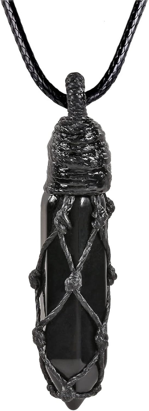 Pack 2 SUNYIK of Black Obsidian & Rock Quartz Pendant Necklace for Couple, Black and White Wire Wrapped Crystal Stone