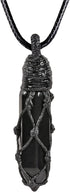 Pack 2 SUNYIK of Black Obsidian & Rock Quartz Pendant Necklace for Couple, Black and White Wire Wrapped Crystal Stone