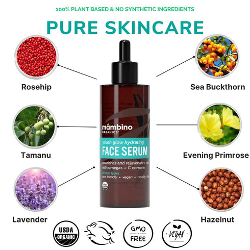 Mambino Organics Youth Glow Hydrating Serum, Organic Face Serum with Namibian Marula, 1 fl oz