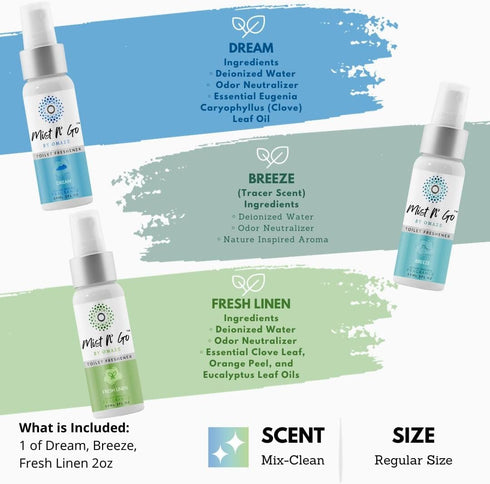 Mist N’ Go by Omaze Travel Bathroom Spray for Toilet Spray Odor Eliminator - Travel Toilet Spray for Bathroom Air Freshener Spray for Bathroom Deodorizer - Clean Mix, Regular Size (2oz x3)