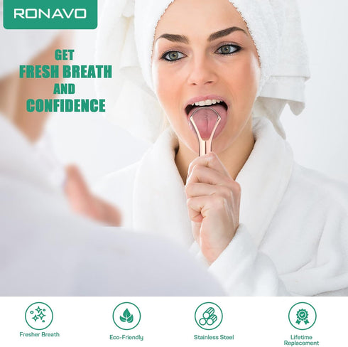 RONAVO Stainless Steel Tongue Scraper for Adults, 2 Pack, Couples Colors, Cure Bad Breath, Oral Care & Hygiene
