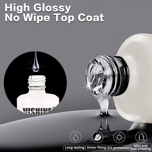 Vishine 15ml No Wipe Top Coat Base Coat, Long Lasting Shiny Nail Varnish Set for Soak Off UV LED Drying