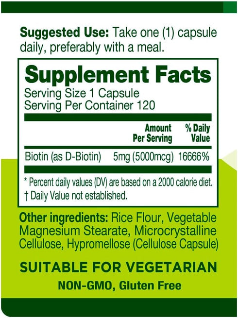 Biotin 5000 mcg Supplement – Support Healthy Hair Growth Skin Nails Energy Production 120 Veggie Capsules Vitamin B7