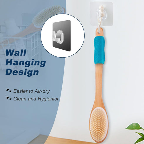 KIPRITII Ergonomically Designed Back Scrubber for Shower, Double-Sided Long Handle Wet & Dry Brush (Blue)