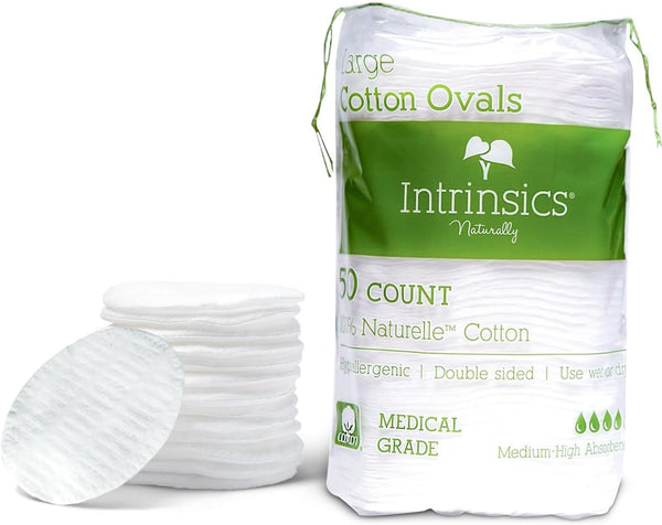 Intrinsics Premium Cotton Ovals (50 Count) – 3” Medium-High Absorbency Lint-Free Cotton Pads for Makeup