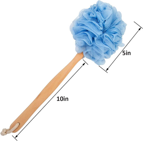 Loofah Back Scrubber for Shower, Soft Nylon Mesh Bath Sponge with Wooden Long Handle, Exfoliating Luffa Pouf (Blue)