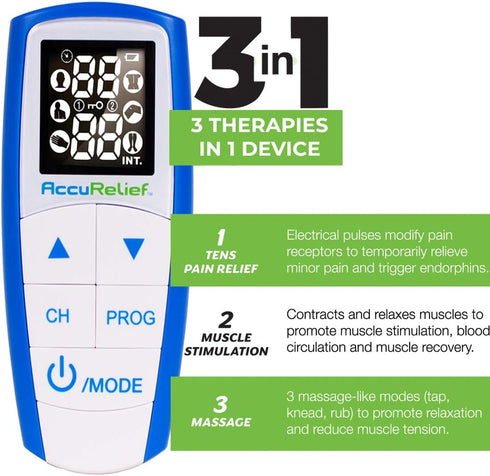 AccuRelief Complete 3-in-1 TENS Unit, EMS Massager Device for Pain Relief, Electric Muscle Stimulator with 4 Electrodes