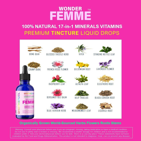Wonder Femme 100% Natural Plant-Based Hormone Balance Supplement for Women, 17 Herbal Ingredients, 2 oz Liquid
