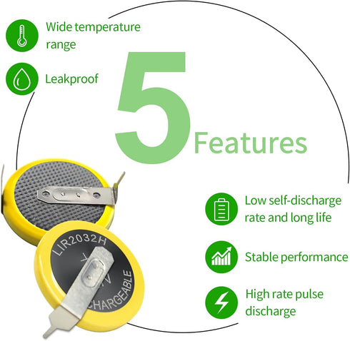 EEMB 5PCS LIR2032H 70mah 3.7V Rechargeable Lithium-ion Coin Button Cell Batteries with Solder Tabs