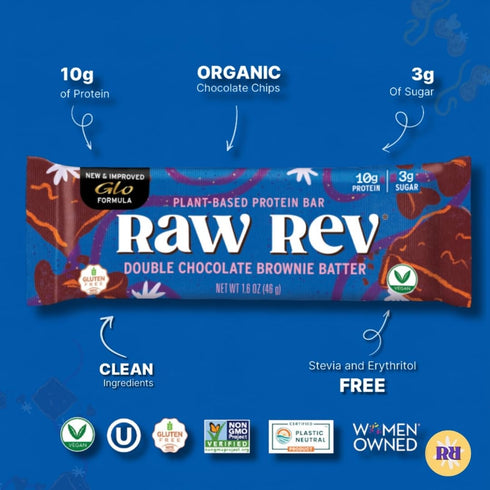 Raw Rev Vegan High-Protein Bars, Double Chocolate Brownie Batter, 10g Plant Protein, 12 Count, 1.6 Oz