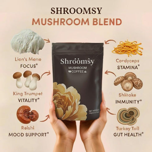 Shroomsy 6 Mushroom Coffee Adaptogenic Mushroom Superblend (Cordyceps, Reishi, Shiitake, Lions Mane, More) With MCT Oil